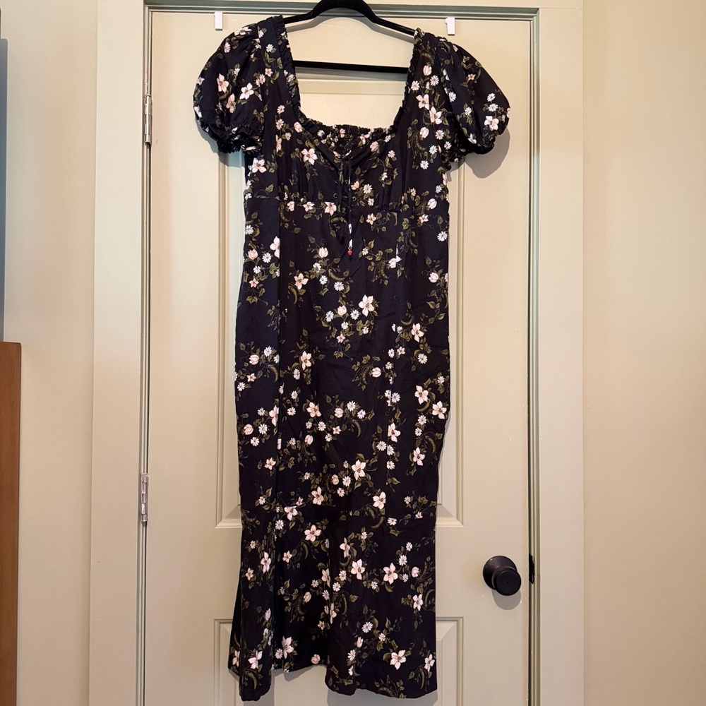 Maeve Black Floral Midi Dress with Puff Sleeves